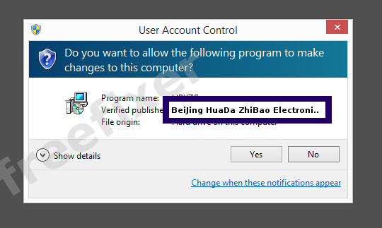 Screenshot where BeiJing HuaDa ZhiBao Electronic System CO., LTD. appears as the verified publisher in the UAC dialog